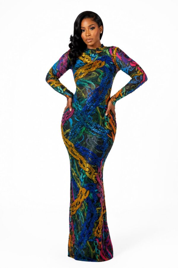 The Ciara dress, a fully embellished evening gown